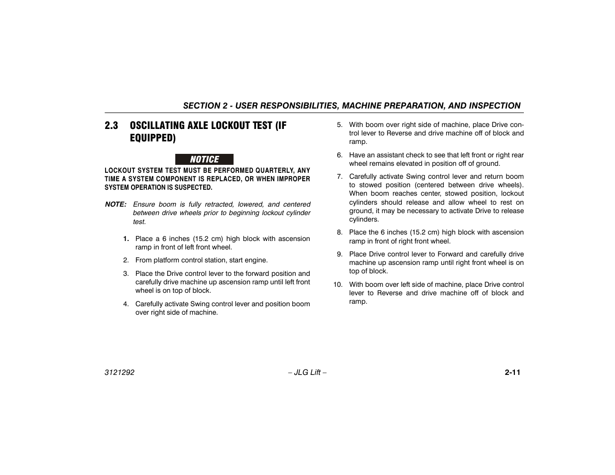 3 oscillating axle lockout test (if equipped), 3 oscillating axle lockout test, If equipped) -11 | JLG 510AJ Series II Operator Manual User Manual | Page 31 / 104