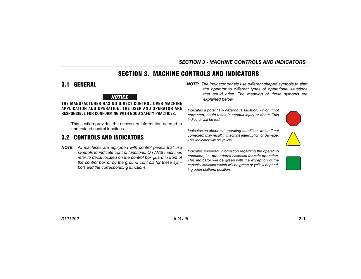 Section 3. machine controls and indicators, 1 general, 2 controls and indicators | Section - 3 - machine controls and indicators, 1 general -1 3.2 controls and indicators -1 | JLG 510AJ Series II Operator Manual User Manual | Page 33 / 104