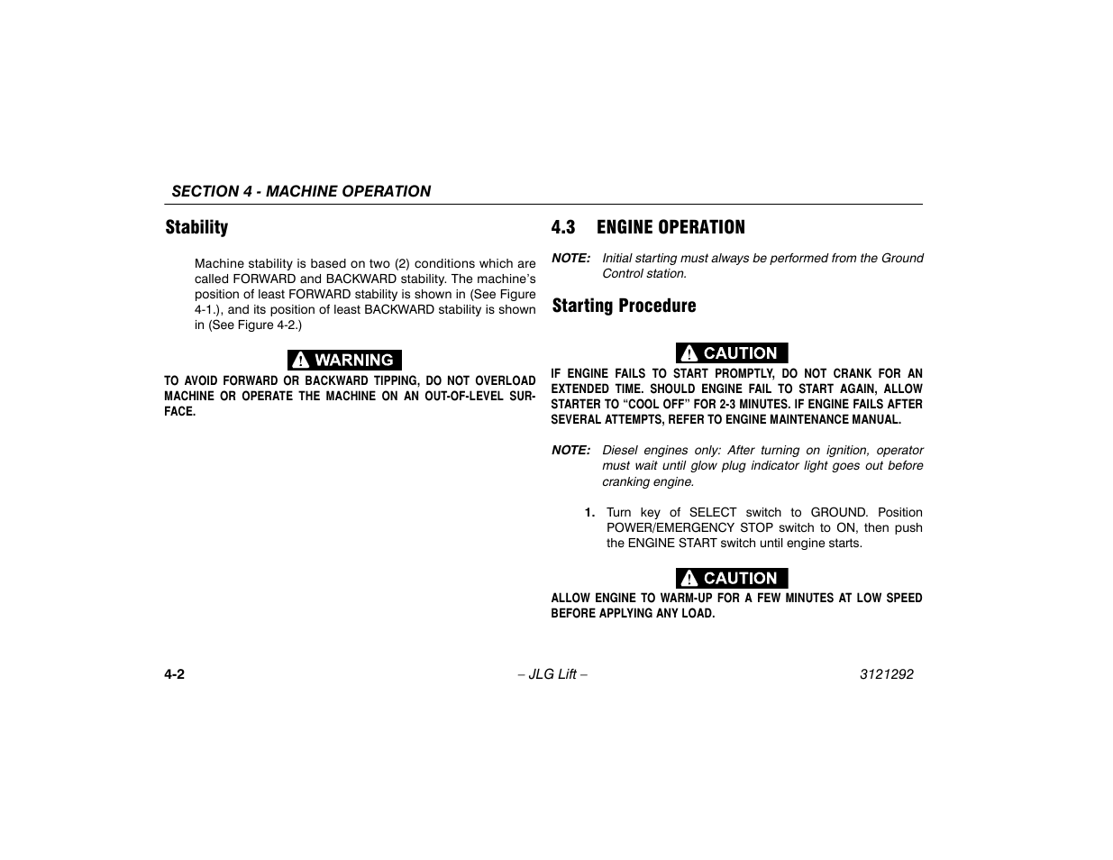 Stability, 3 engine operation, Starting procedure | Stability -2, 3 engine operation -2, Starting procedure -2 | JLG 510AJ Series II Operator Manual User Manual | Page 50 / 104