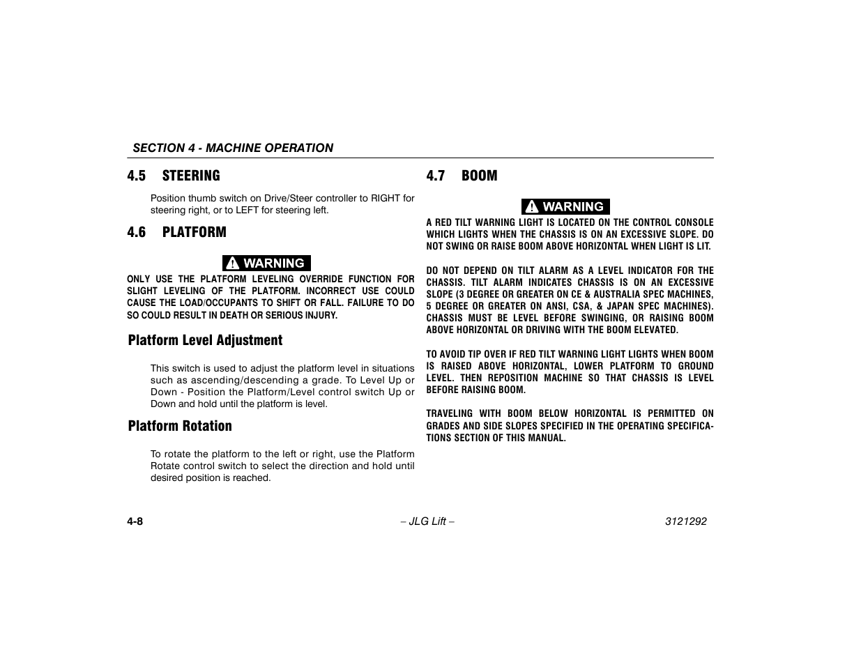 5 steering, 6 platform, Platform level adjustment | Platform rotation, 7 boom, 5 steering -8 4.6 platform -8, Platform level adjustment -8 platform rotation -8, 7 boom -8 | JLG 510AJ Series II Operator Manual User Manual | Page 56 / 104