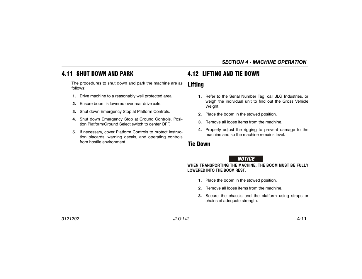 11 shut down and park, 12 lifting and tie down, Lifting | Tie down, Lifting -11 tie down -11, 12 lifting and tie down lifting | JLG 510AJ Series II Operator Manual User Manual | Page 59 / 104