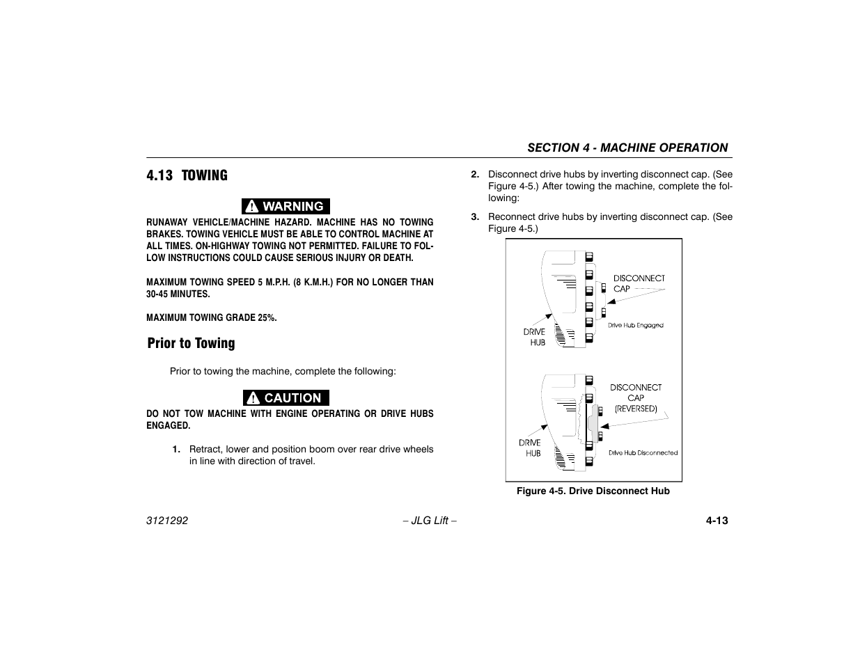 13 towing, Prior to towing, 13 towing -13 | Prior to towing -13, Drive disconnect hub -13 | JLG 510AJ Series II Operator Manual User Manual | Page 61 / 104