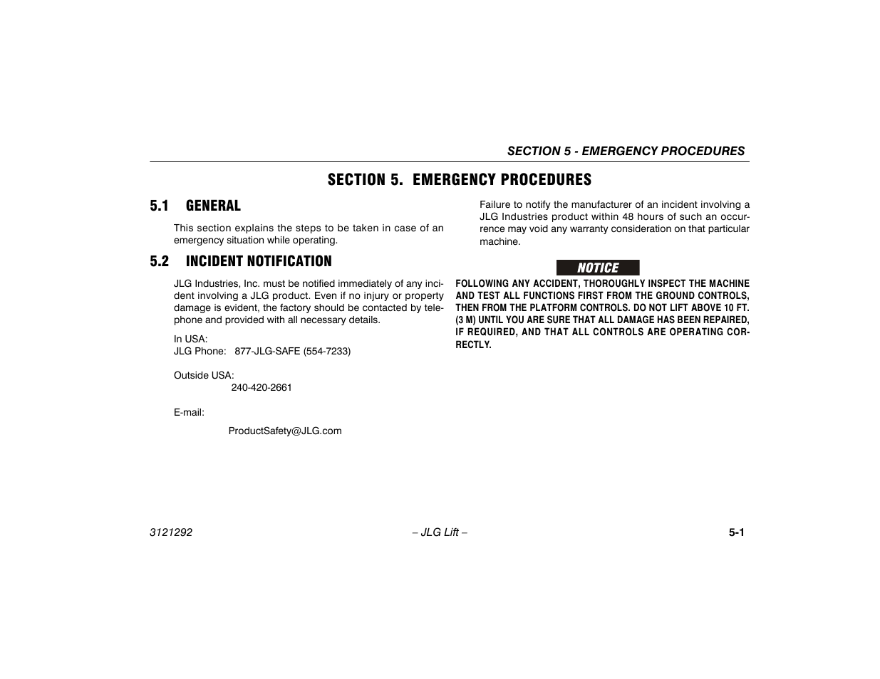 Section 5. emergency procedures, 1 general, 2 incident notification | Section - 5 - emergency procedures, 1 general -1 5.2 incident notification -1 | JLG 510AJ Series II Operator Manual User Manual | Page 71 / 104