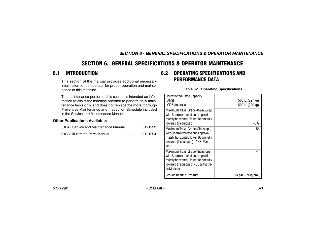 1 introduction, 2 operating specifications and performance data, 1 introduction -1 6.2 operating specifications and | Performance data -1, Operating specifications -1 | JLG 510AJ Series II Operator Manual User Manual | Page 73 / 104