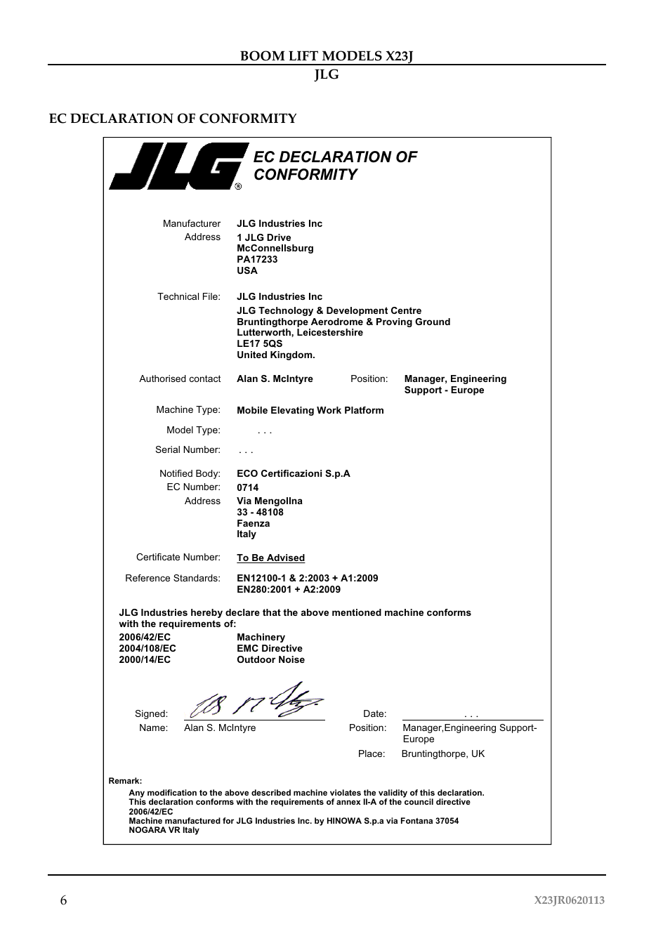 Ec declaration of conformity | JLG X23J Operator Manual User Manual | Page 10 / 194