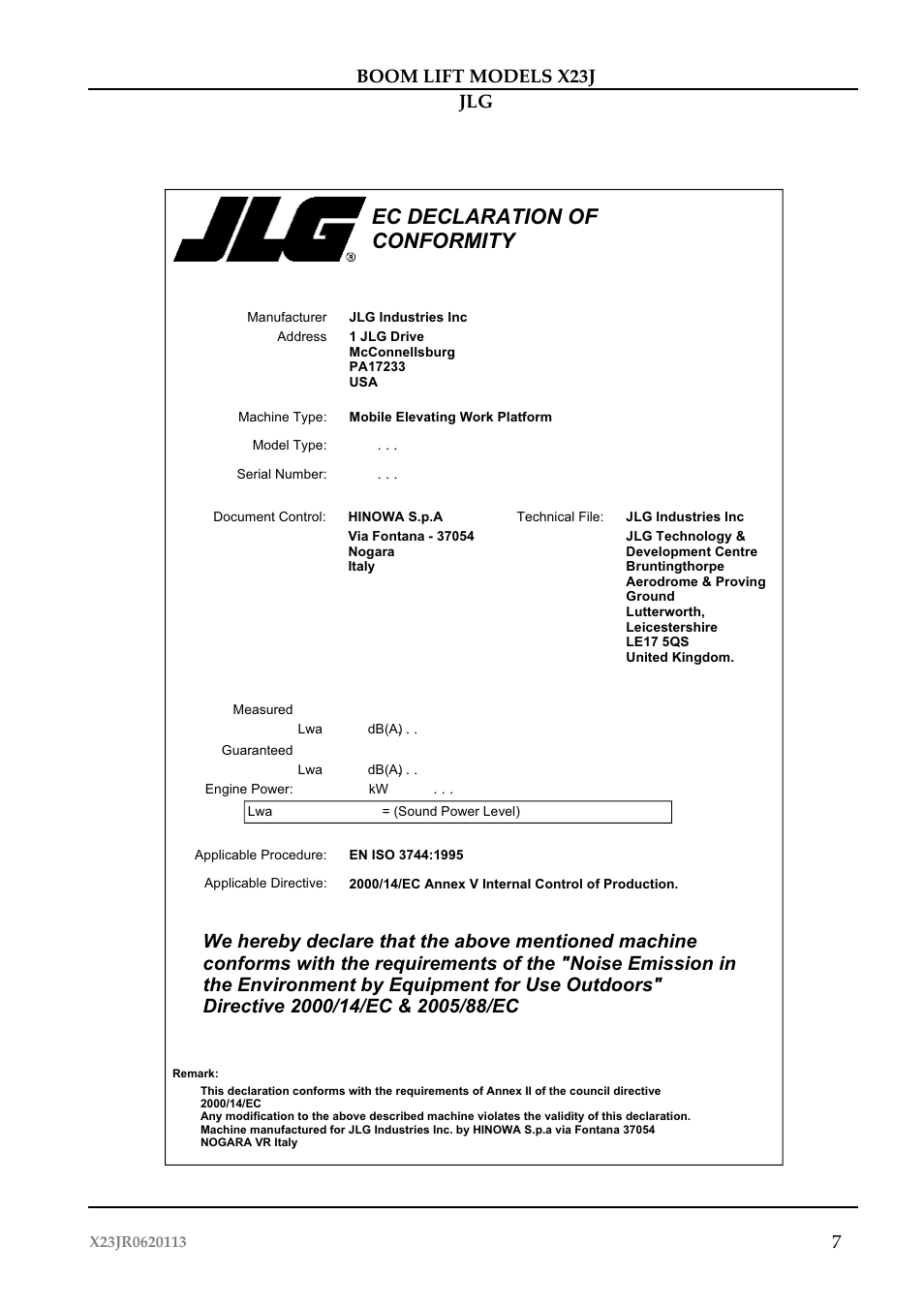 Ec declaration of conformity, 7boom lift models x23j jlg | JLG X23J Operator Manual User Manual | Page 11 / 194