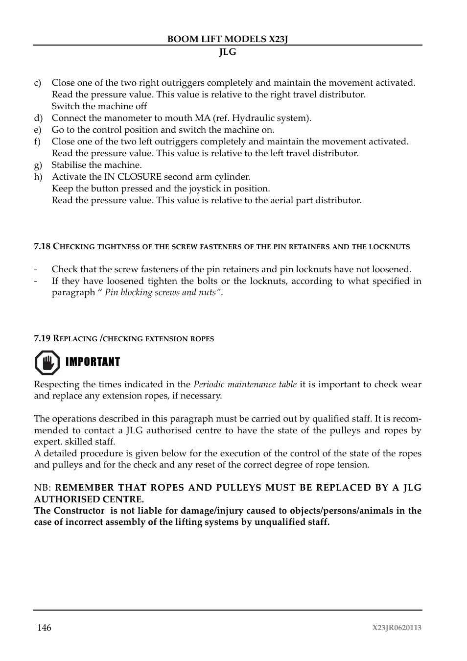 Important | JLG X23J Operator Manual User Manual | Page 150 / 194