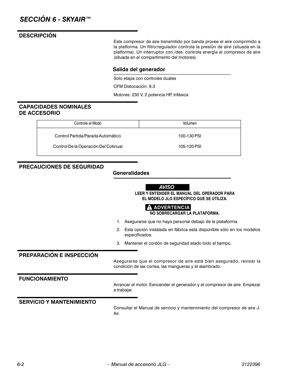 Descripción, Salida del generador, Capacidades nominales de accesorio | Precauciones de seguridad, Generalidades, Preparación e inspección, Funcionamiento, Servicio y mantenimiento, Descripción -2, Salida del generador -2 | JLG Workstation in the Sky-Boom Lifts User Manual | Page 124 / 134