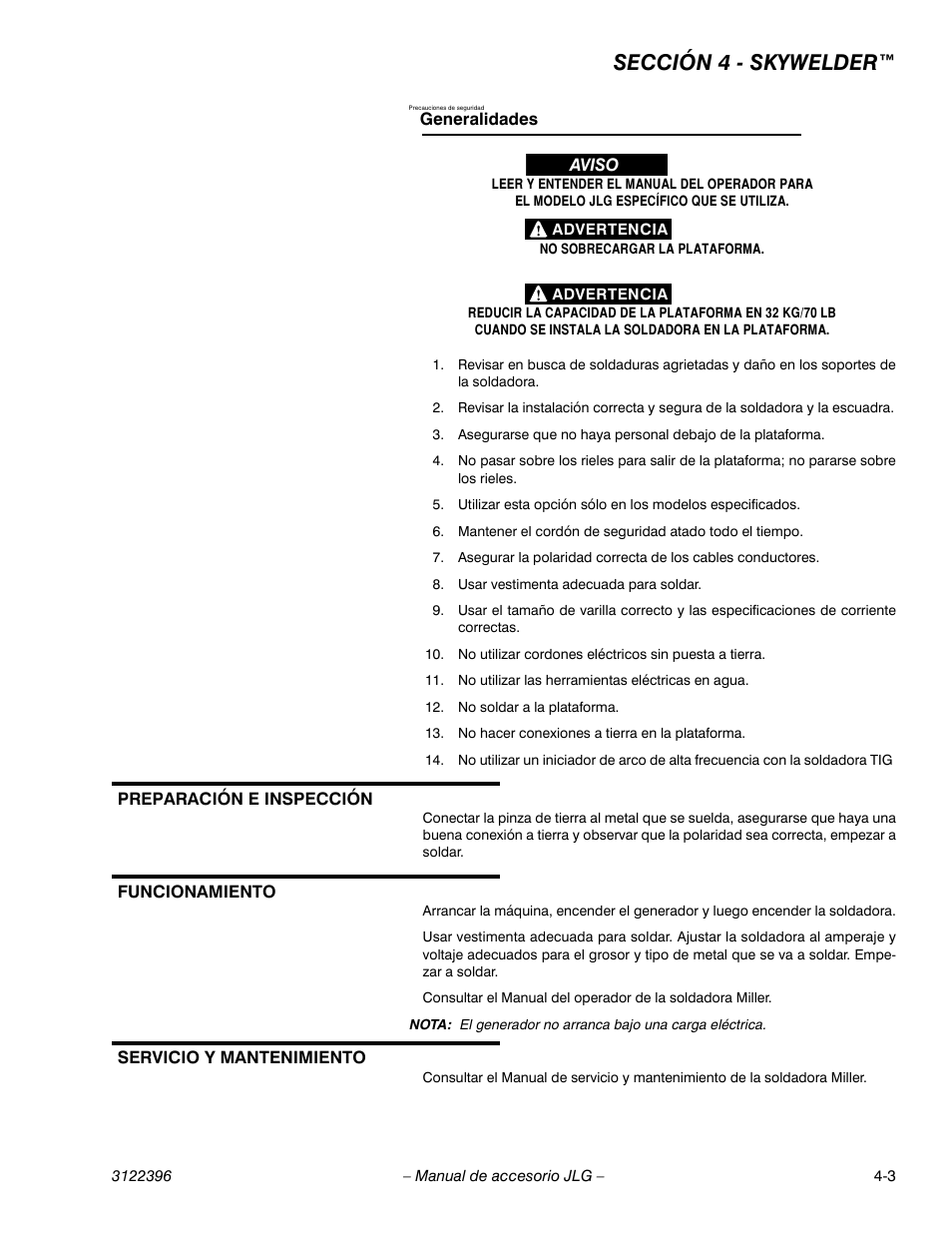 Generalidades, Preparación e inspección, Funcionamiento | Servicio y mantenimiento, Sección 4 - skywelder | JLG Workstation in the Sky-Boom Lifts User Manual | Page 89 / 134