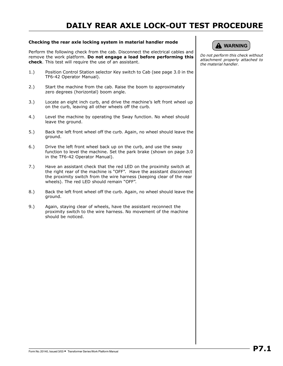 P7.1, Daily rear axle lock-out test procedure | JLG TF6-42 (9150-4004) Operator Manual User Manual | Page 23 / 32