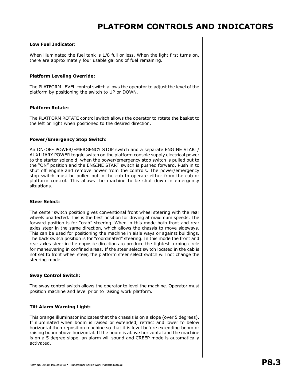 P8.3 platform controls and indicators | JLG TF6-42 (9150-4004) Operator Manual User Manual | Page 27 / 32