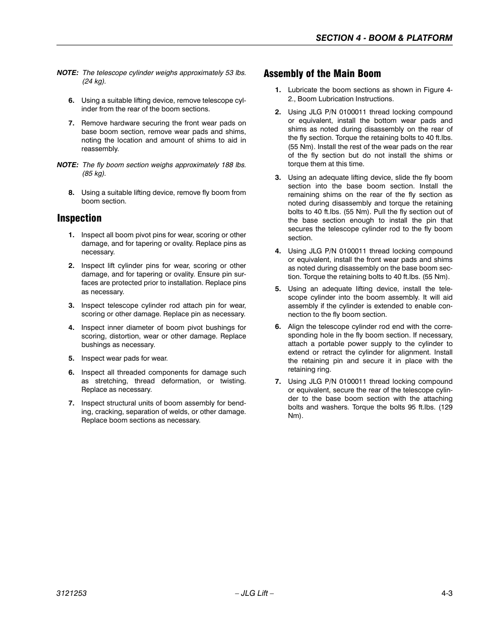 Inspection, Assembly of the main boom, Inspection -3 assembly of the main boom -3 | JLG E300 Service Manual User Manual | Page 101 / 224