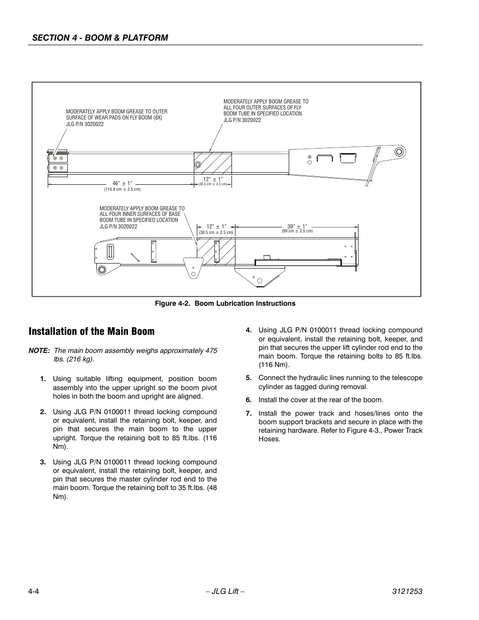 Installation of the main boom, Installation of the main boom -4, Boom lubrication instructions -4 | JLG E300 Service Manual User Manual | Page 102 / 224