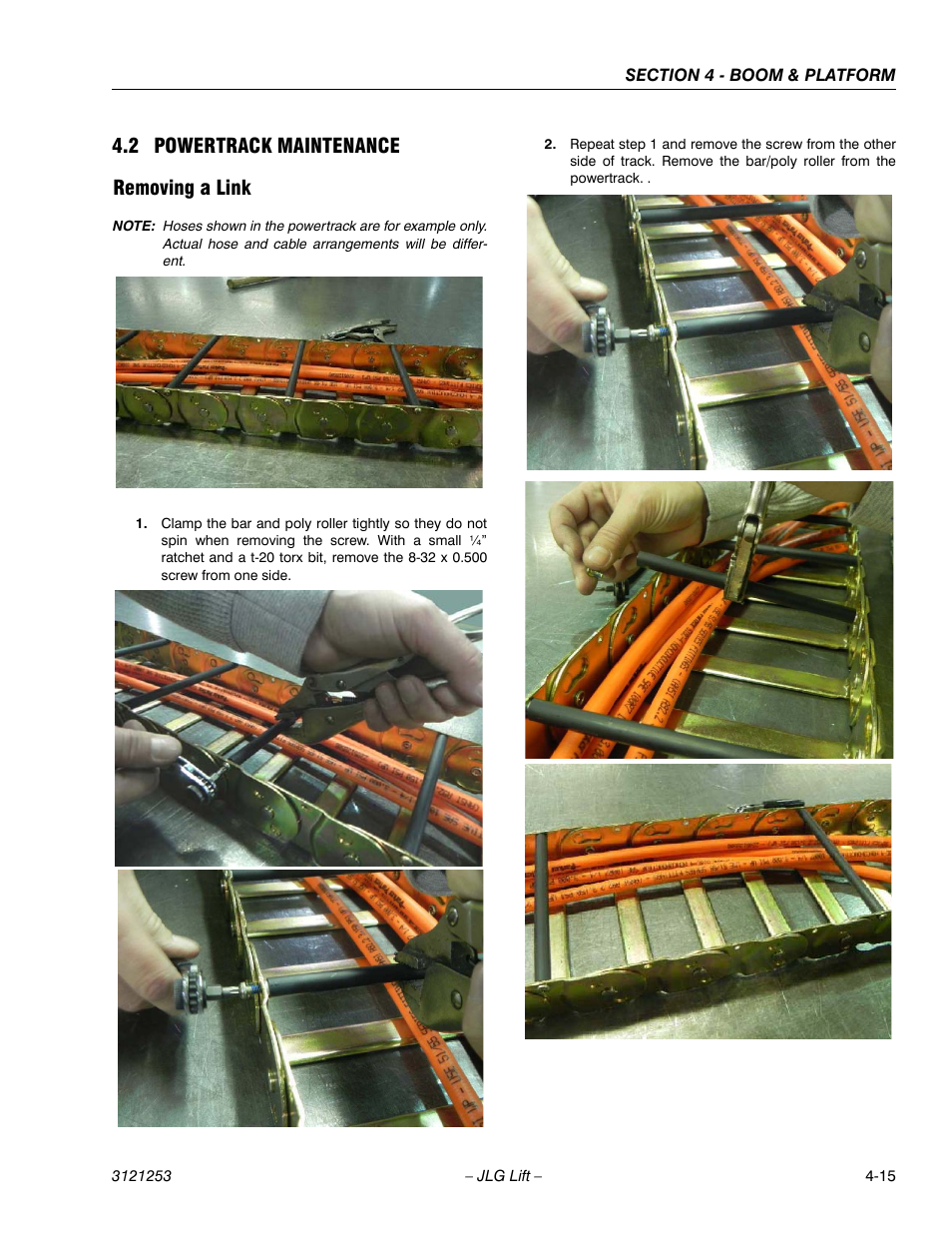 2 powertrack maintenance, Removing a link, Powertrack maintenance -15 | Removing a link -15, 2 powertrack maintenance removing a link | JLG E300 Service Manual User Manual | Page 113 / 224