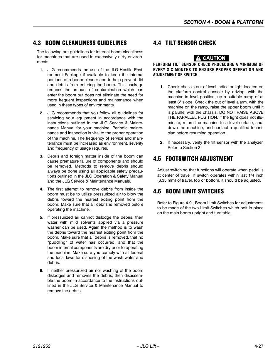 3 boom cleanliness guidelines, 4 tilt sensor check, 5 footswitch adjustment | 6 boom limit switches, Boom cleanliness guidelines -27, Tilt sensor check -27, Footswitch adjustment -27, Boom limit switches -27 | JLG E300 Service Manual User Manual | Page 125 / 224