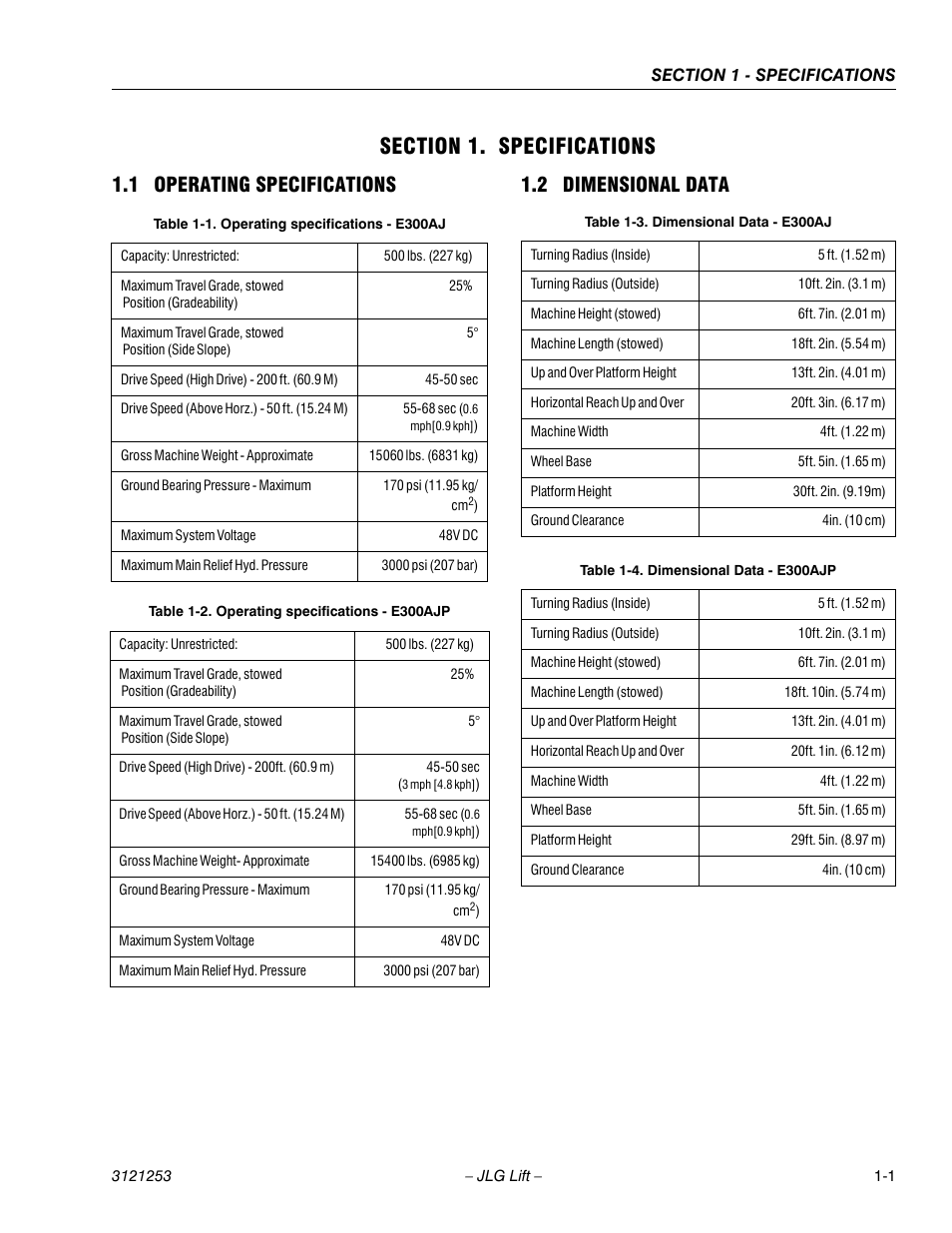 Section 1. specifications, 1 operating specifications, 2 dimensional data | Section 1 - specifications, Operating specifications -1, Dimensional data -1, Operating specifications - e300aj -1, Operating specifications - e300ajp -1, Dimensional data - e300aj -1, Dimensional data - e300ajp -1 | JLG E300 Service Manual User Manual | Page 13 / 224