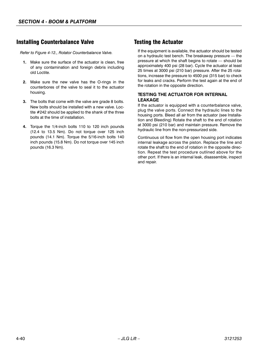 Installing counterbalance valve, Testing the actuator | JLG E300 Service Manual User Manual | Page 138 / 224