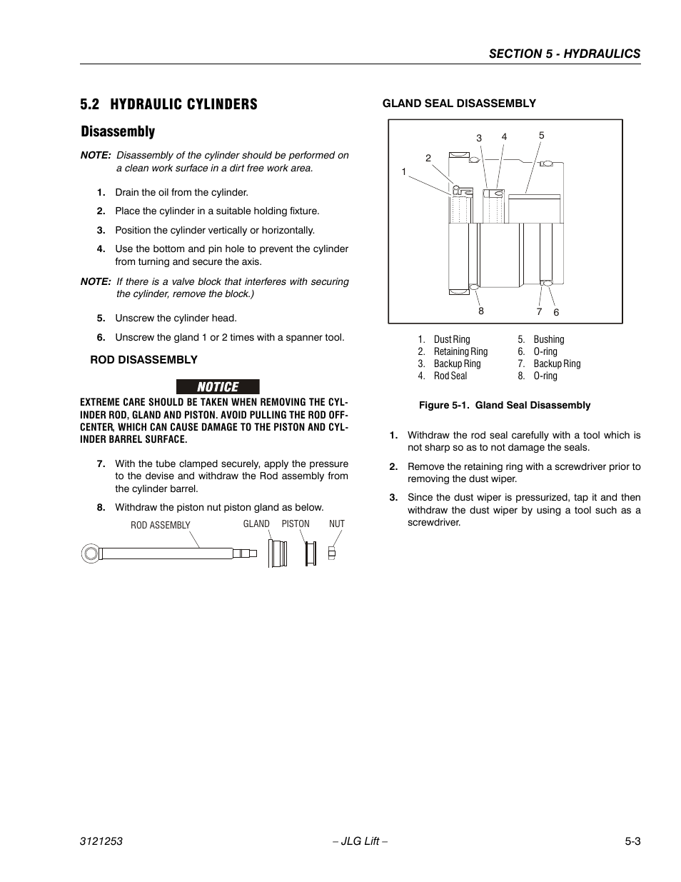 2 hydraulic cylinders, Disassembly, Hydraulic cylinders -3 | Disassembly -3, Gland seal disassembly -3, 2 hydraulic cylinders disassembly | JLG E300 Service Manual User Manual | Page 145 / 224