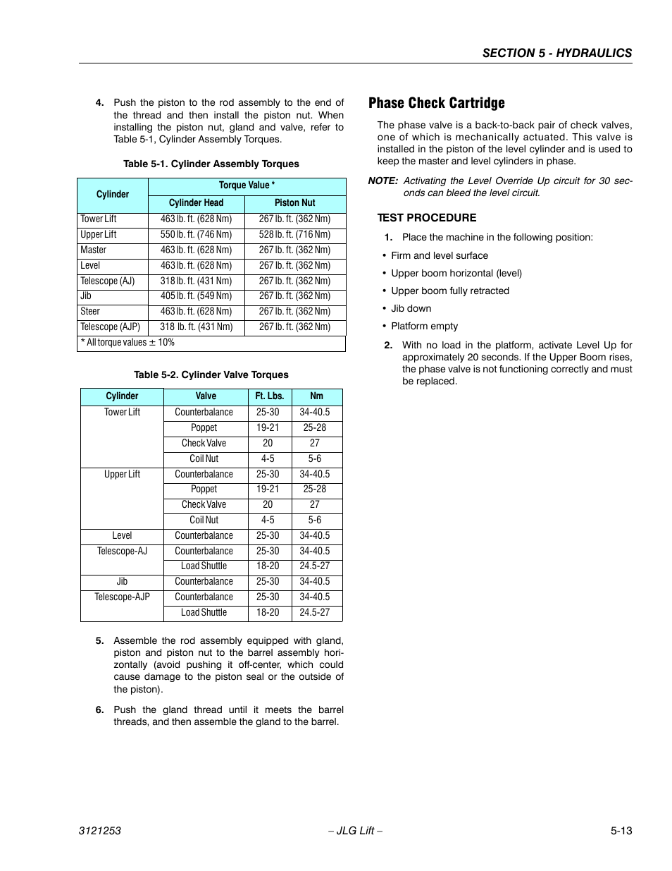 Phase check cartridge, Phase check cartridge -13, Cylinder assembly torques -13 | Cylinder valve torques -13 | JLG E300 Service Manual User Manual | Page 155 / 224
