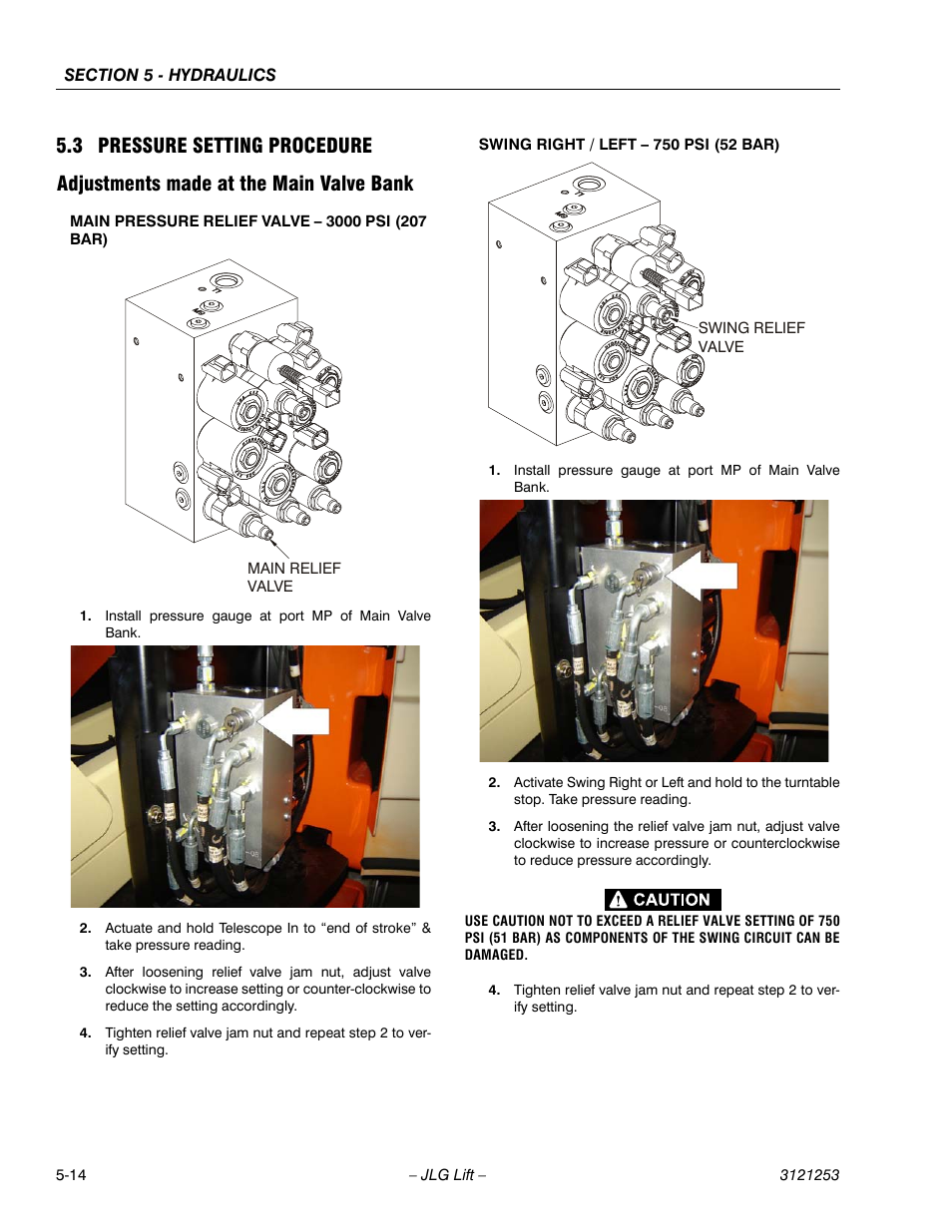 3 pressure setting procedure, Adjustments made at the main valve bank, Pressure setting procedure -14 | Adjustments made at the main valve bank -14 | JLG E300 Service Manual User Manual | Page 156 / 224