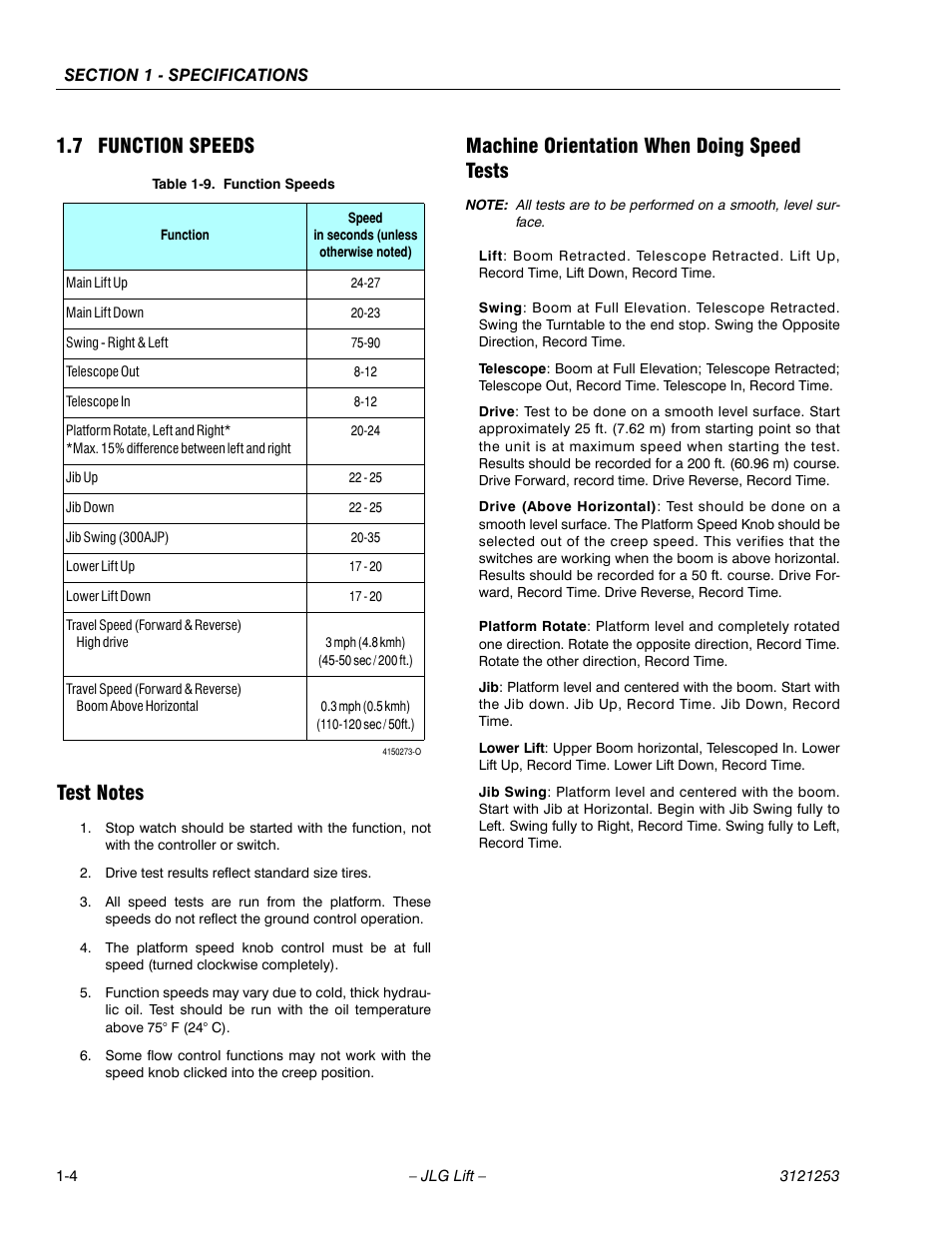 7 function speeds, Test notes, Machine orientation when doing speed tests | Function speeds -4 | JLG E300 Service Manual User Manual | Page 16 / 224