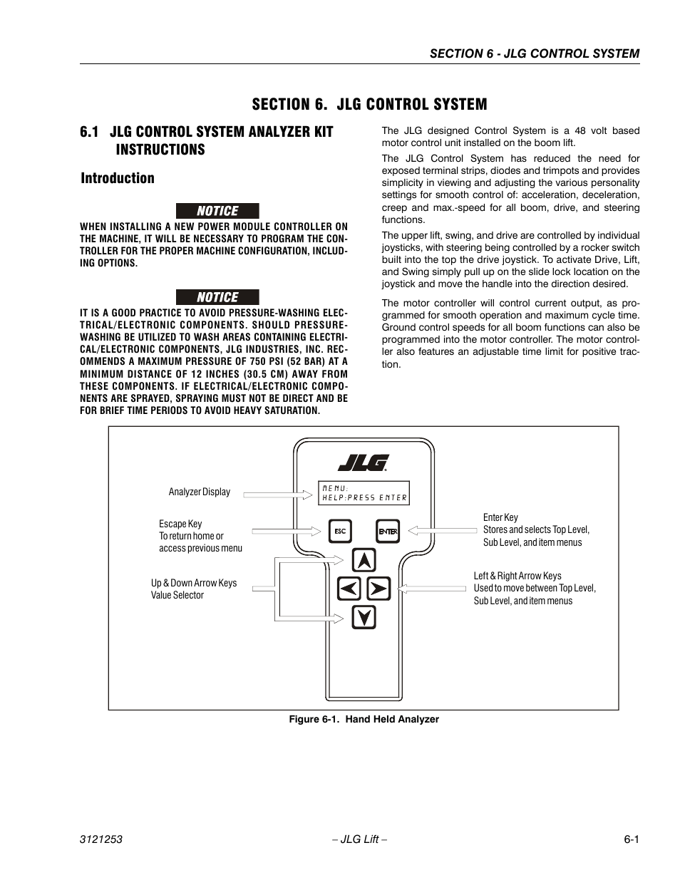 Section 6. jlg control system, 1 jlg control system analyzer kit instructions, Introduction | Section 6 - jlg control system, Jlg control system analyzer kit instructions -1, Introduction -1, Hand held analyzer -1 | JLG E300 Service Manual User Manual | Page 169 / 224