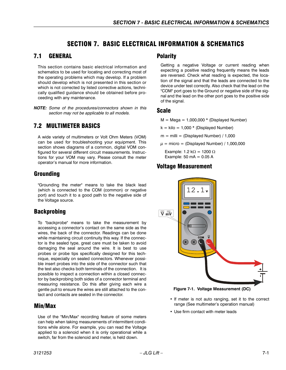 1 general, 2 multimeter basics, Grounding | Backprobing, Min/max, Polarity, Scale, Voltage measurement, General -1, Multimeter basics -1 | JLG E300 Service Manual User Manual | Page 201 / 224