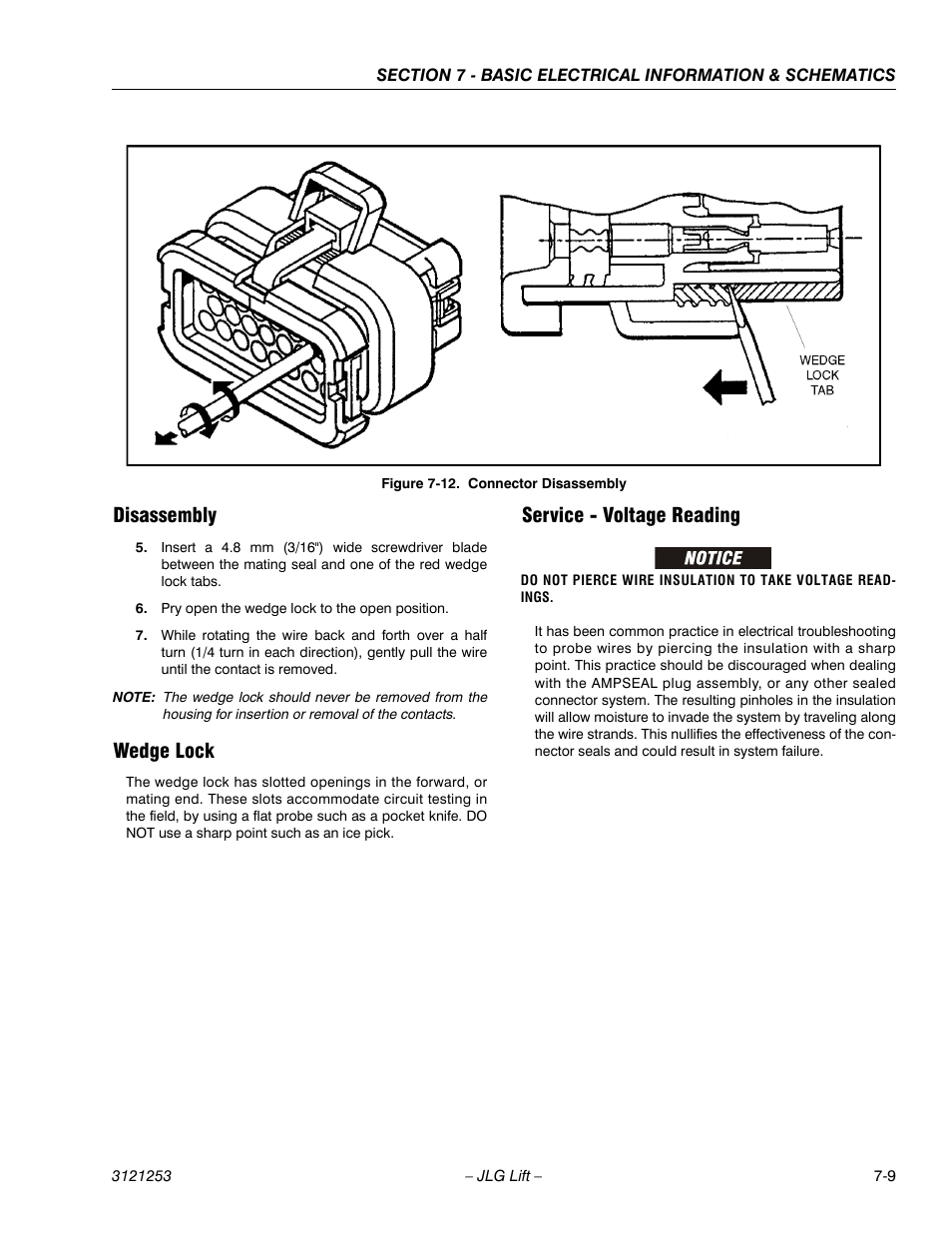 Disassembly, Wedge lock, Service - voltage reading | Connector disassembly -9 | JLG E300 Service Manual User Manual | Page 209 / 224