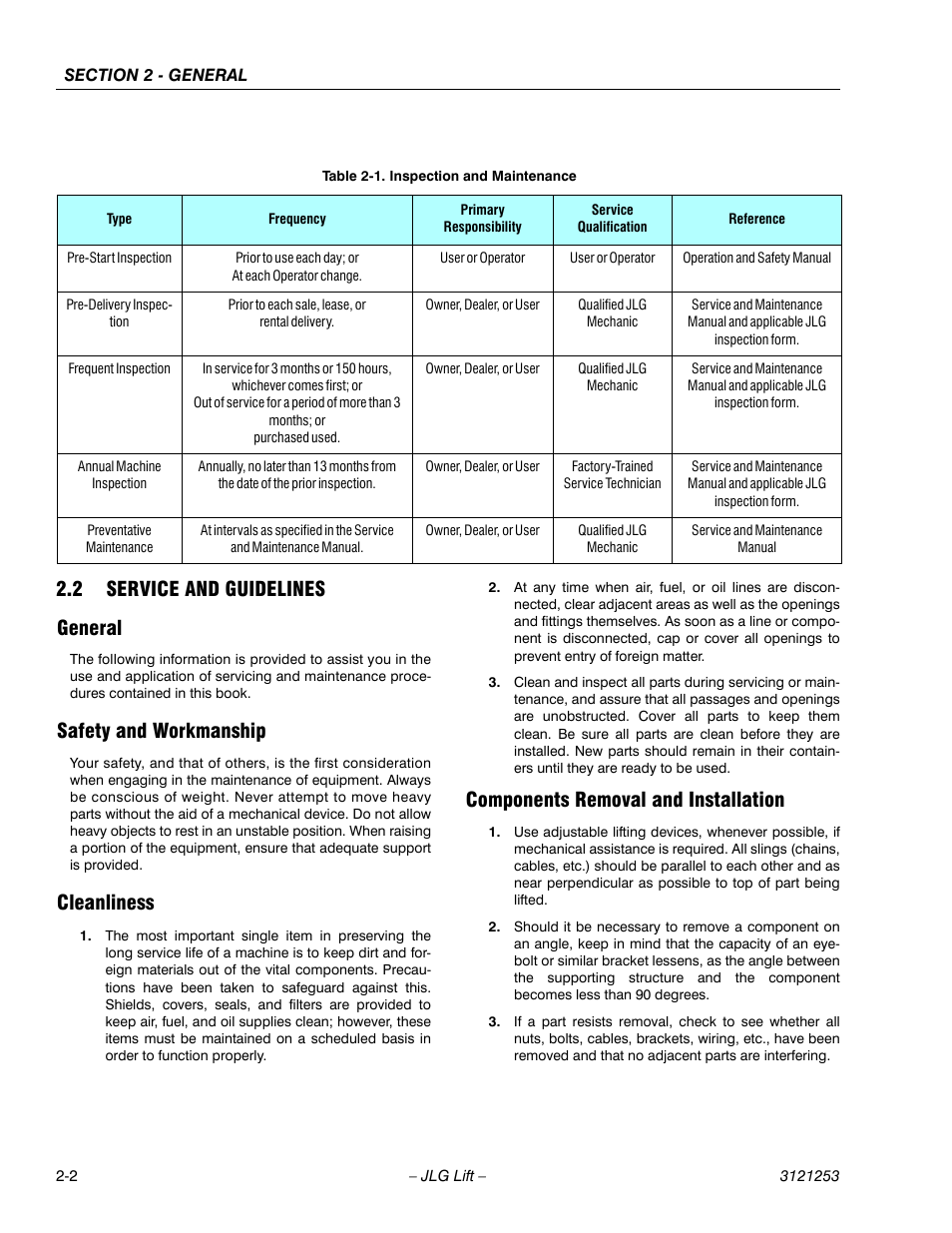2 service and guidelines, General, Safety and workmanship | Cleanliness, Components removal and installation, Service and guidelines -2, Inspection and maintenance -2, 2 service and guidelines general | JLG E300 Service Manual User Manual | Page 28 / 224