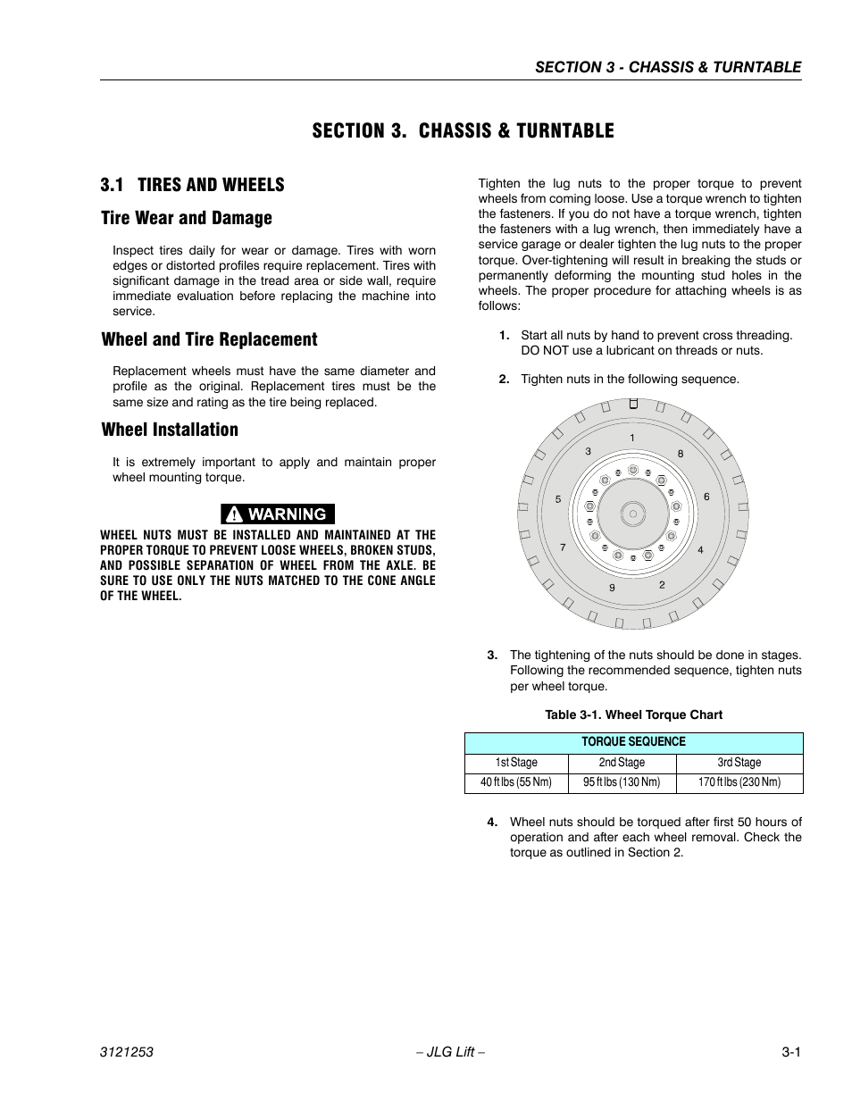 Section 3. chassis & turntable, 1 tires and wheels, Tire wear and damage | Wheel and tire replacement, Wheel installation, Section 3 - chassis & turntable, Tires and wheels -1, Wheel torque chart -1, 1 tires and wheels tire wear and damage | JLG E300 Service Manual User Manual | Page 35 / 224
