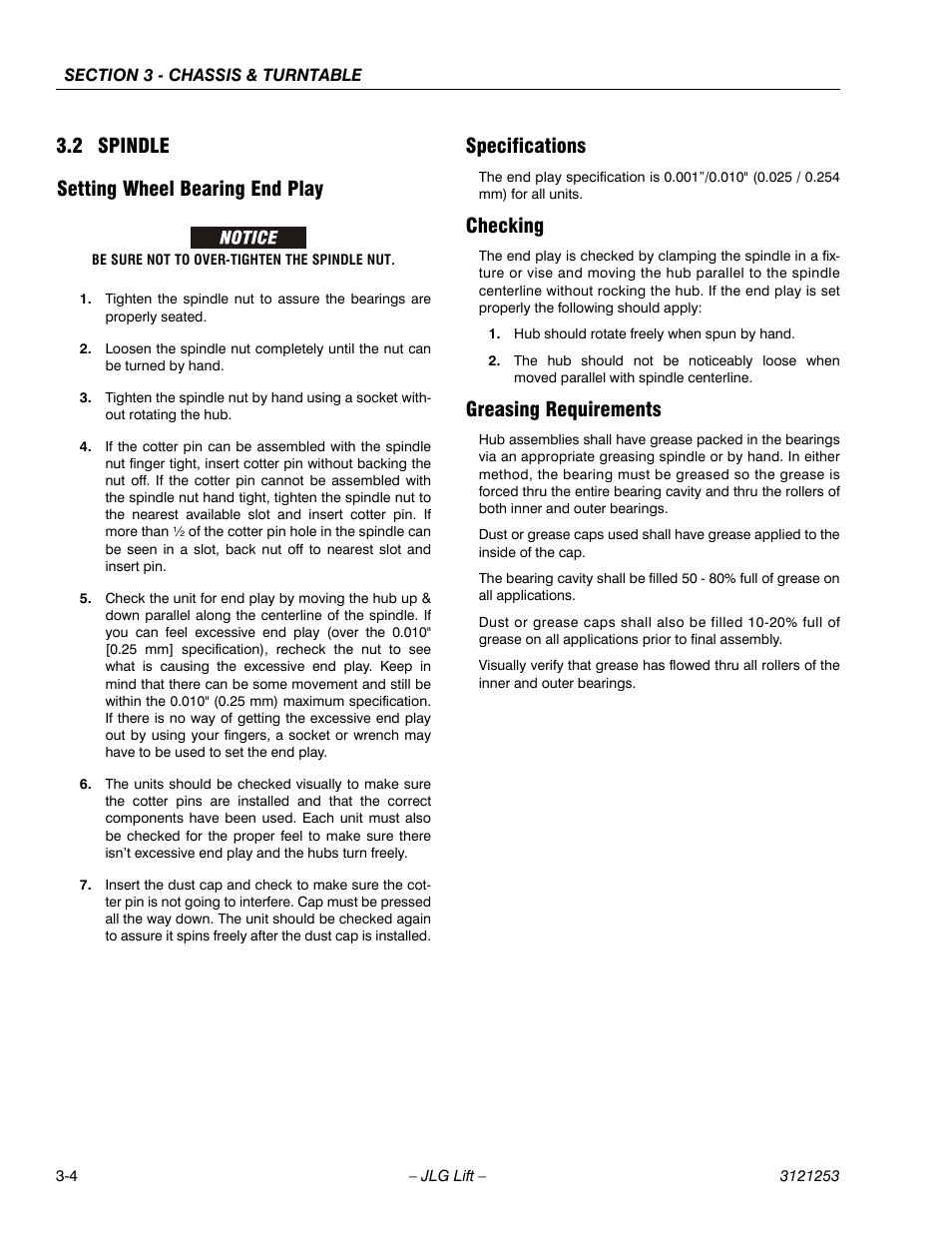 2 spindle, Setting wheel bearing end play, Specifications | Checking, Greasing requirements, Spindle -4, 2 spindle setting wheel bearing end play | JLG E300 Service Manual User Manual | Page 38 / 224