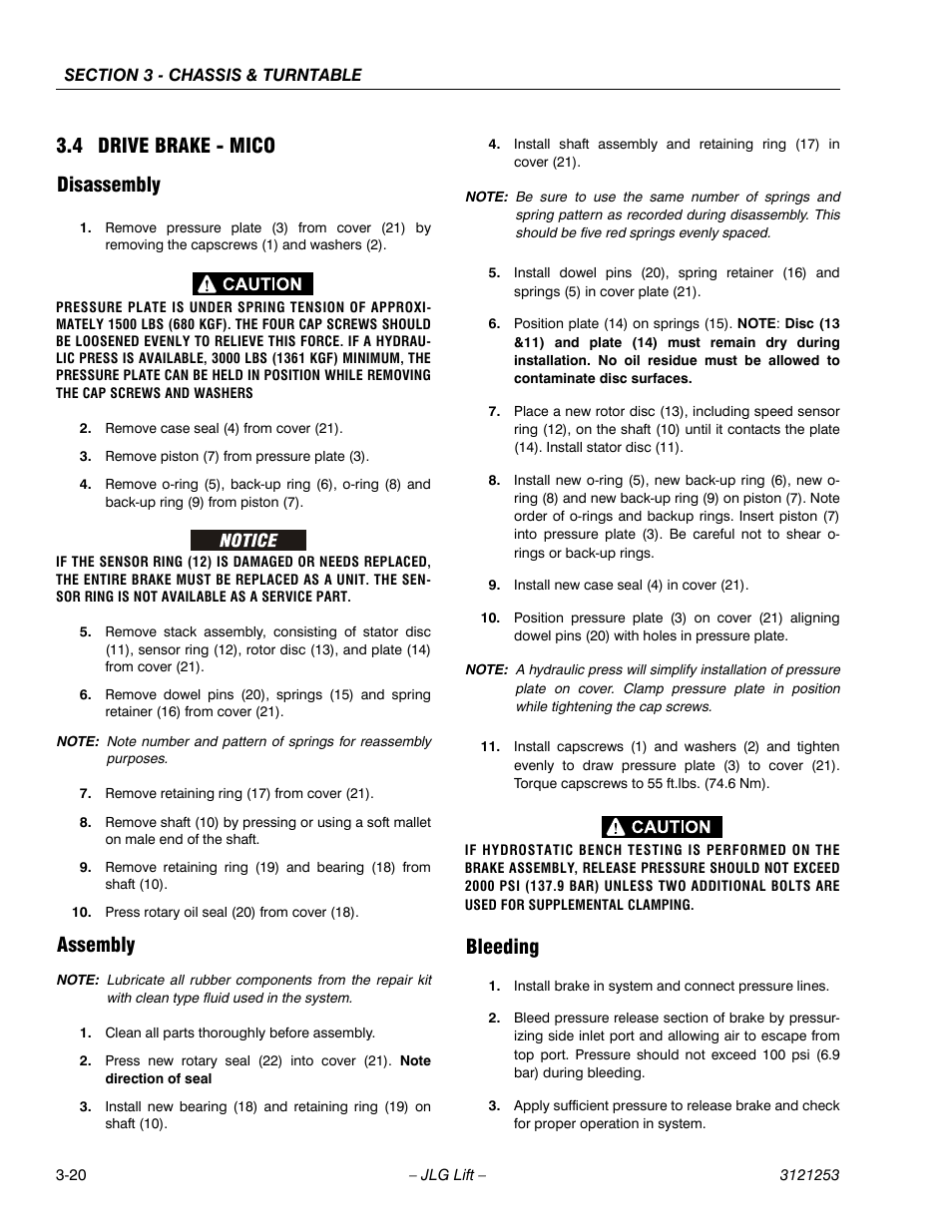 4 drive brake - mico, Disassembly, Assembly | Bleeding, Drive brake - mico -20, Disassembly -20 assembly -20 bleeding -20, 4 drive brake - mico disassembly | JLG E300 Service Manual User Manual | Page 54 / 224