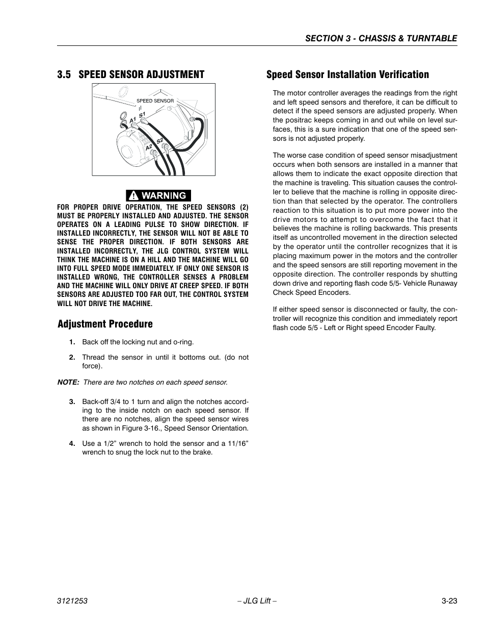 5 speed sensor adjustment, Adjustment procedure, Speed sensor installation verification | Speed sensor adjustment -23 | JLG E300 Service Manual User Manual | Page 57 / 224