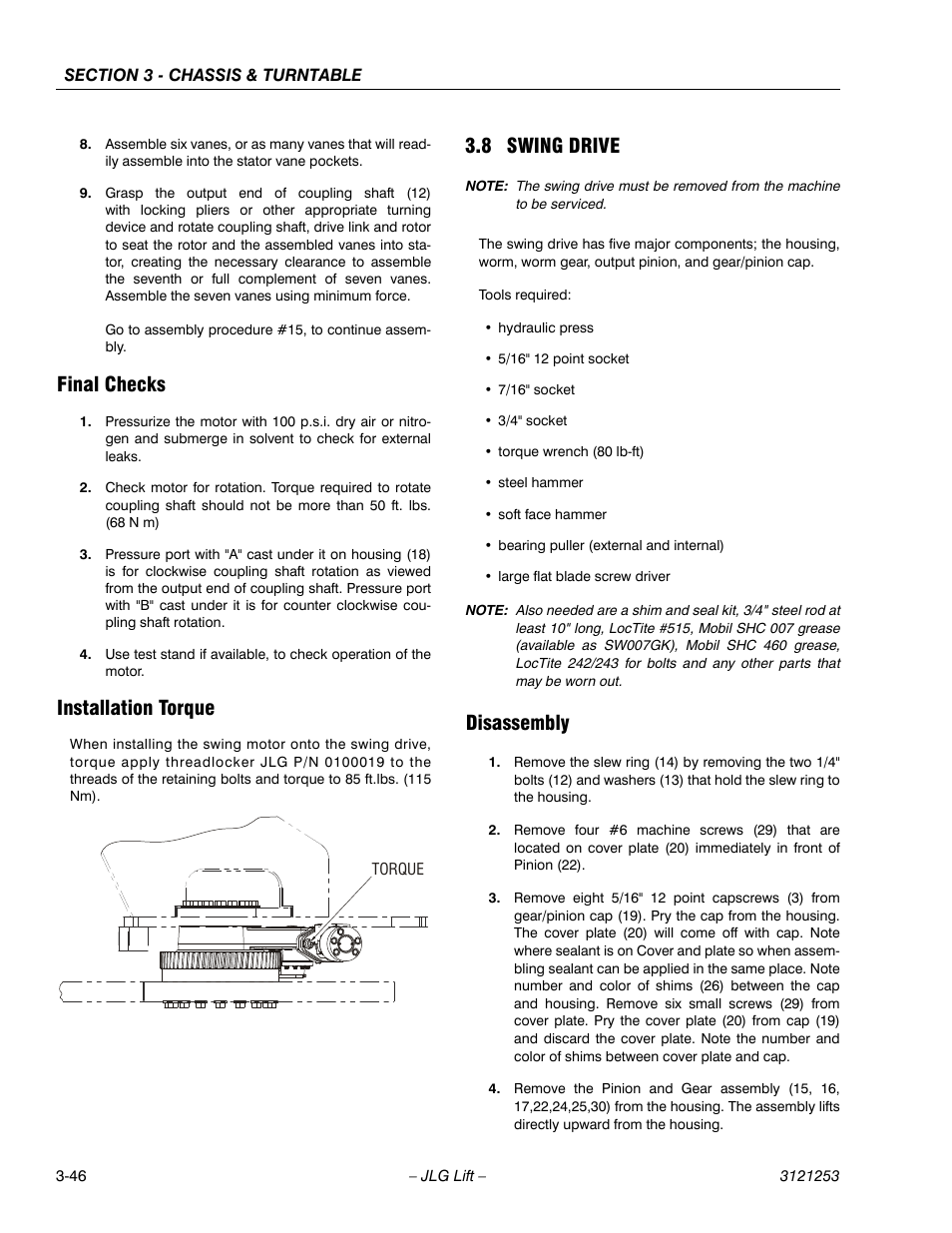 Final checks, Installation torque, 8 swing drive | Disassembly, Final checks -46 installation torque -46, Swing drive -46, Disassembly -46 | JLG E300 Service Manual User Manual | Page 80 / 224