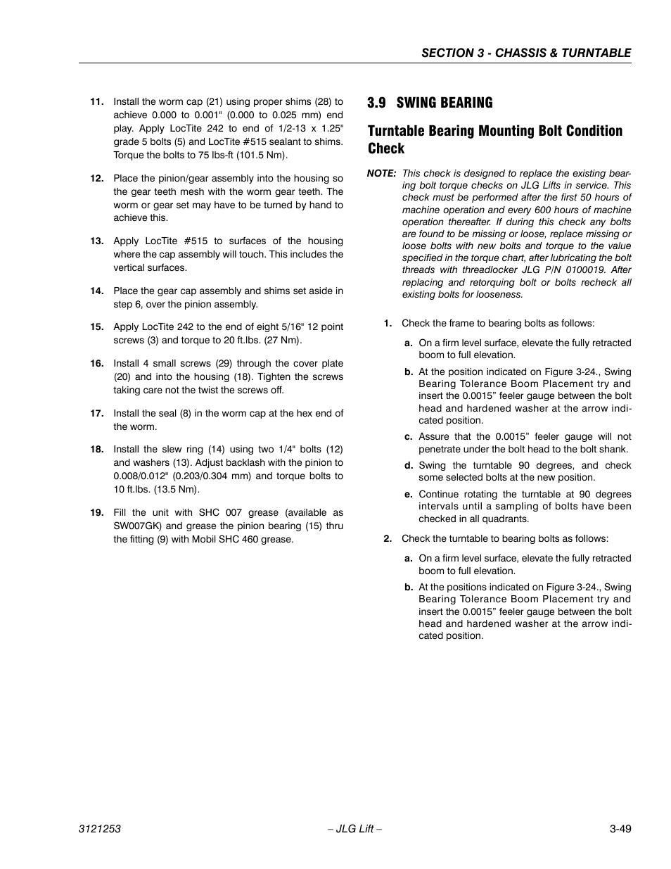 9 swing bearing, Turntable bearing mounting bolt condition check, Swing bearing -49 | JLG E300 Service Manual User Manual | Page 83 / 224