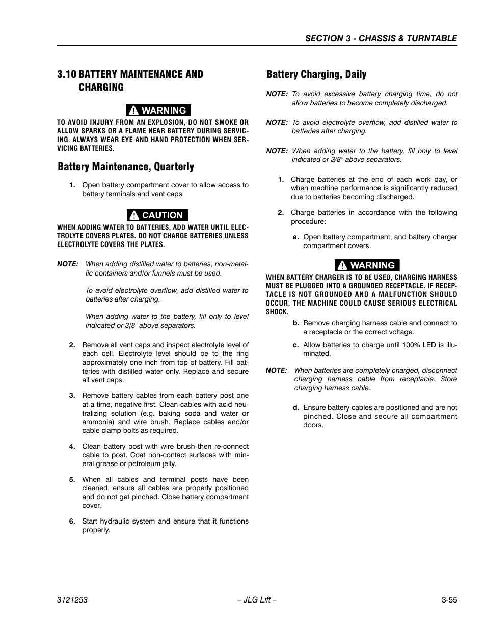 10 battery maintenance and charging, Battery maintenance, quarterly, Battery charging, daily | Battery maintenance and charging -55 | JLG E300 Service Manual User Manual | Page 89 / 224
