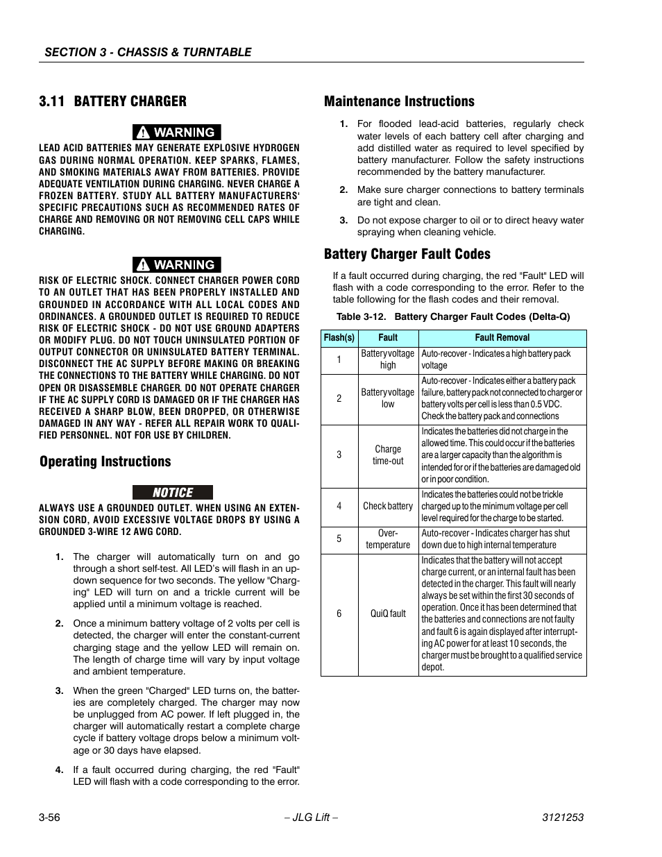 11 battery charger, Operating instructions, Maintenance instructions | Battery charger fault codes, Battery charger -56, Battery charger fault codes (delta-q) -56 | JLG E300 Service Manual User Manual | Page 90 / 224