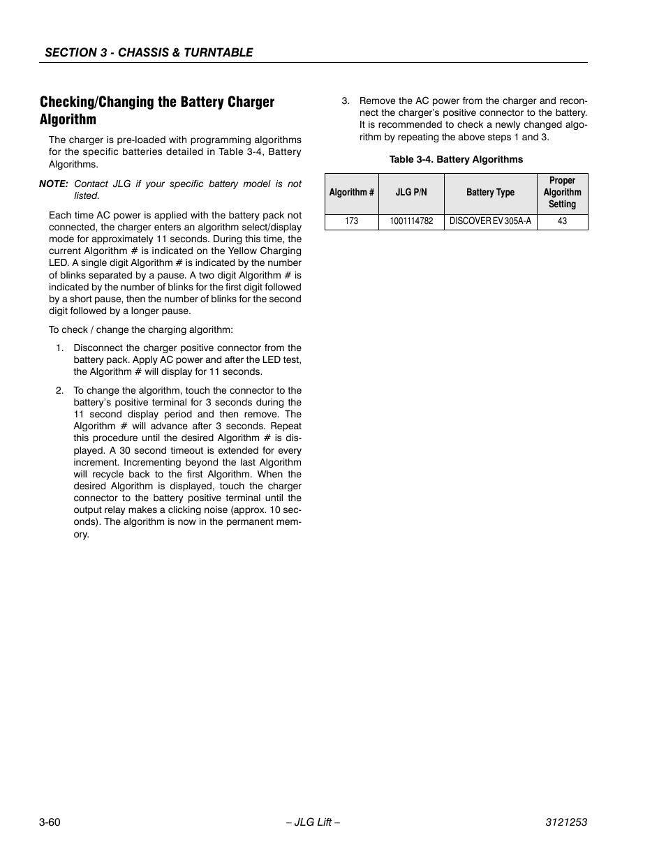 Checking/changing the battery charger algorithm, Battery algorithms -60 | JLG E300 Service Manual User Manual | Page 94 / 224