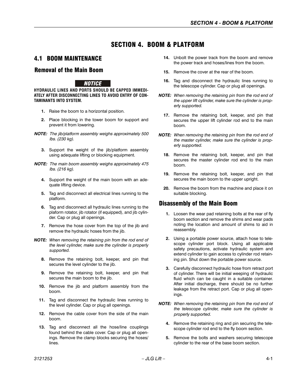 Section 4. boom & platform, 1 boom maintenance, Removal of the main boom | Disassembly of the main boom, Section 4 - boom & platform, Boom maintenance -1, 1 boom maintenance removal of the main boom | JLG E300 Service Manual User Manual | Page 99 / 224