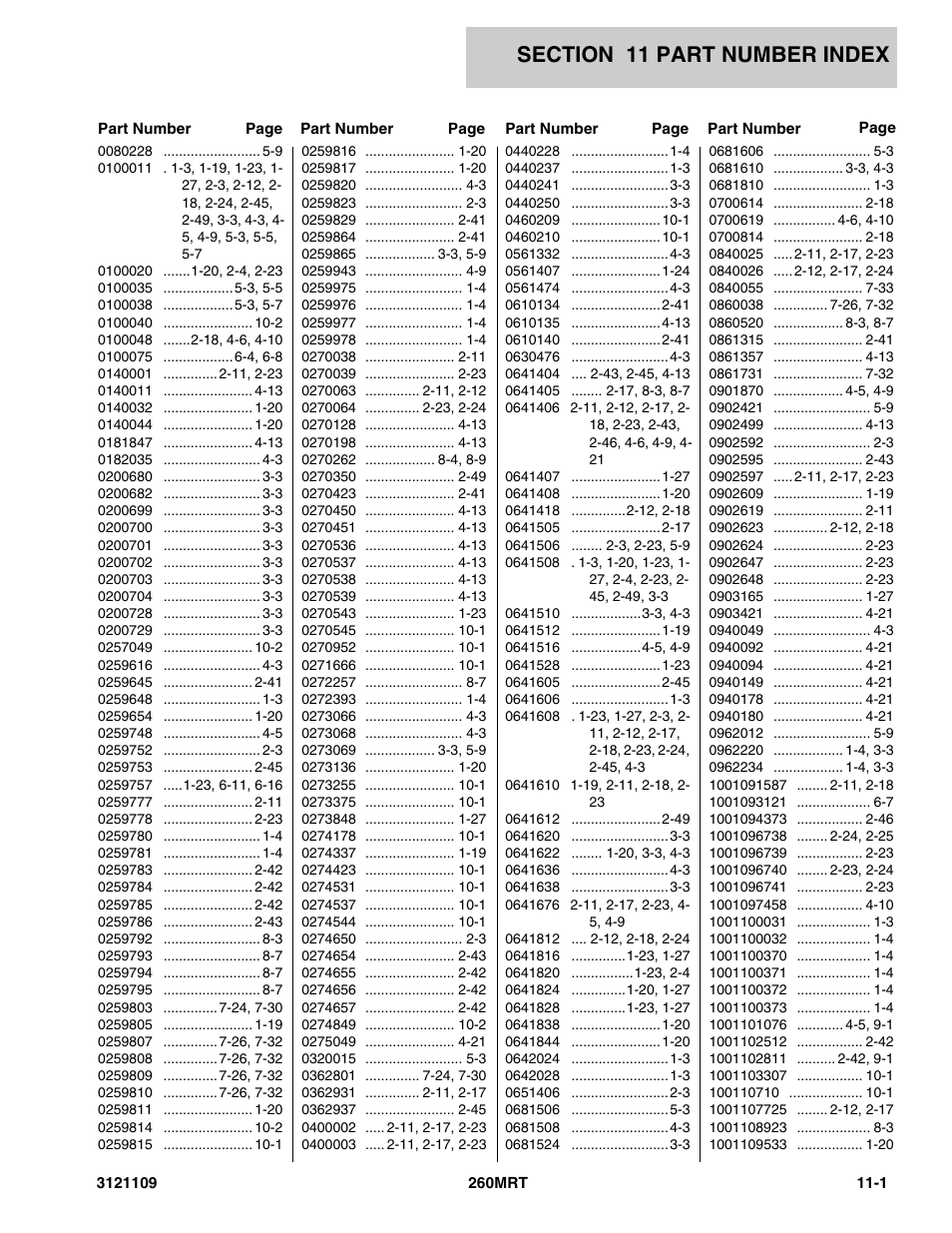 Section 11 part number index, 11 - part number index -1 | JLG 260MRT ANSI Parts Manual User Manual | Page 189 / 196