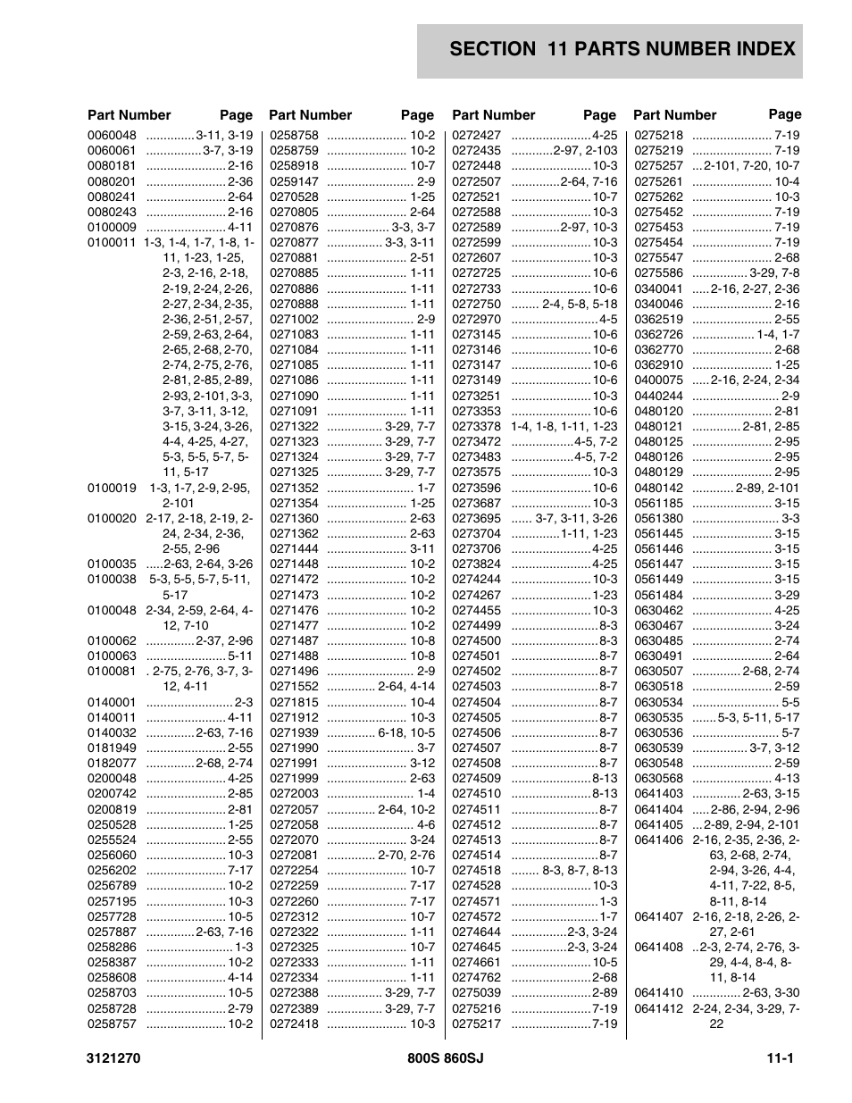 Section 11 parts number index, 11 - parts number index -1 | JLG 860SJ Parts Manual User Manual | Page 279 / 294