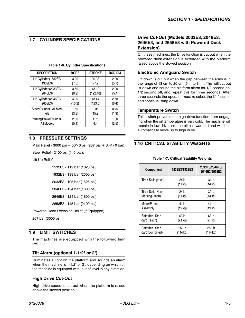 7 cylinder specifications, 8 pressure settings, 9 limit switches | Tilt alarm (optional 1-1/2˚ or 2˚), High drive cut-out, Electronic armguard switch, Temperature switch, 10 critical stability weights, Cylinder specifications -6, Pressure settings -6 | JLG 2658E3 Service Manual User Manual | Page 11 / 62