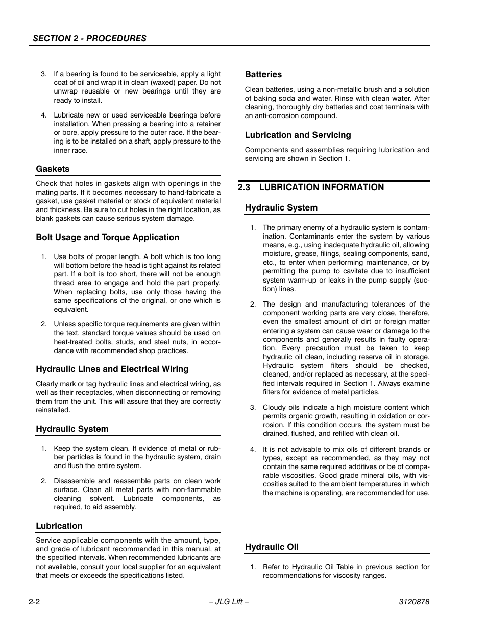 Gaskets, Bolt usage and torque application, Hydraulic lines and electrical wiring | Hydraulic system, Lubrication, Batteries, Lubrication and servicing, 3 lubrication information, Hydraulic oil, Lubrication information -2 | JLG 2658E3 Service Manual User Manual | Page 14 / 62