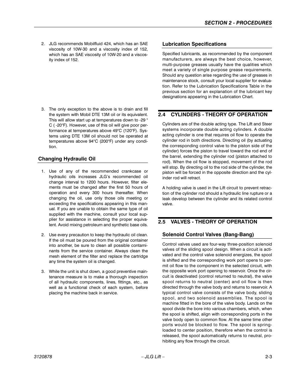 Changing hydraulic oil, Lubrication specifications, 4 cylinders - theory of operation | 5 valves - theory of operation, Solenoid control valves (bang-bang), Cylinders - theory of operation -3, Valves - theory of operation -3 | JLG 2658E3 Service Manual User Manual | Page 15 / 62