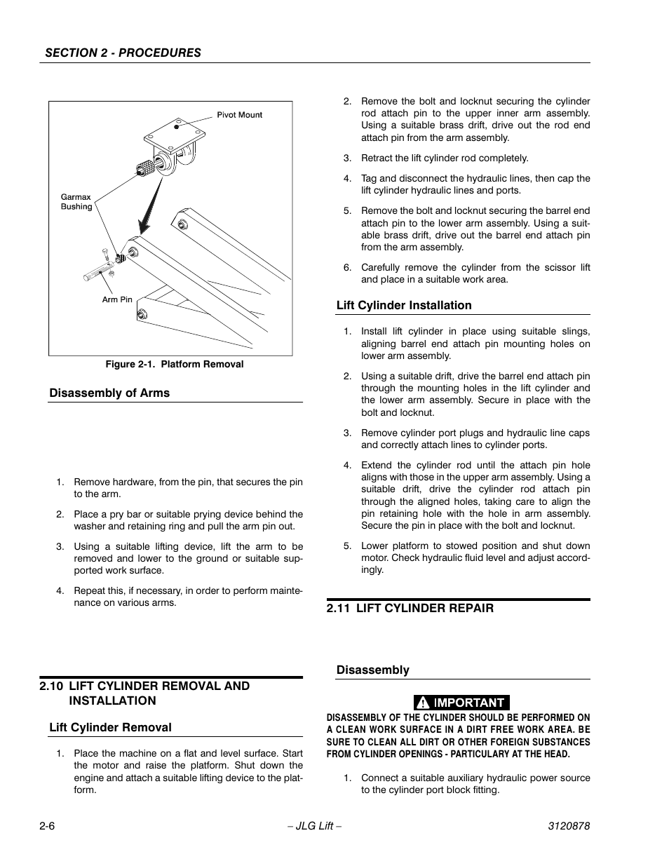 Disassembly of arms, 10 lift cylinder removal and installation, Lift cylinder removal | Lift cylinder installation, 11 lift cylinder repair, Disassembly, Lift cylinder removal and installation -6, Lift cylinder repair -6, Platform removal -6 | JLG 2658E3 Service Manual User Manual | Page 18 / 62