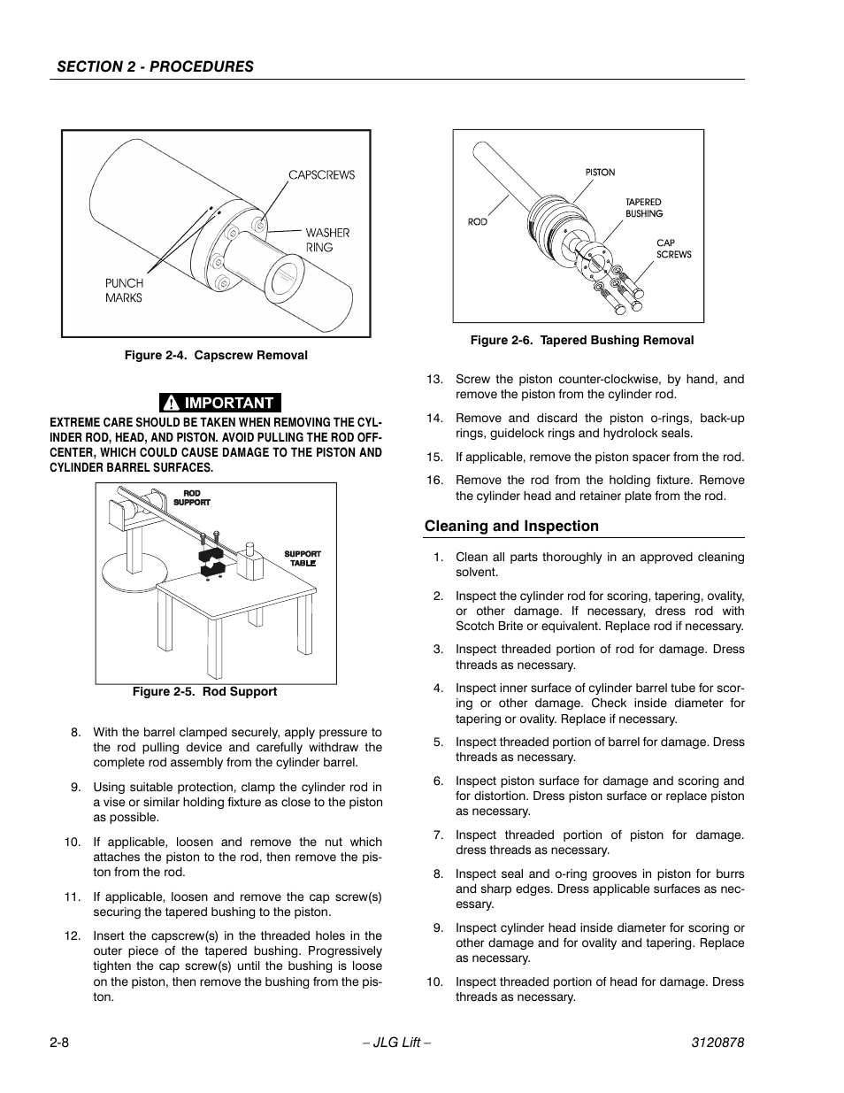 Cleaning and inspection, Capscrew removal -8, Rod support -8 | Tapered bushing removal -8 | JLG 2658E3 Service Manual User Manual | Page 20 / 62