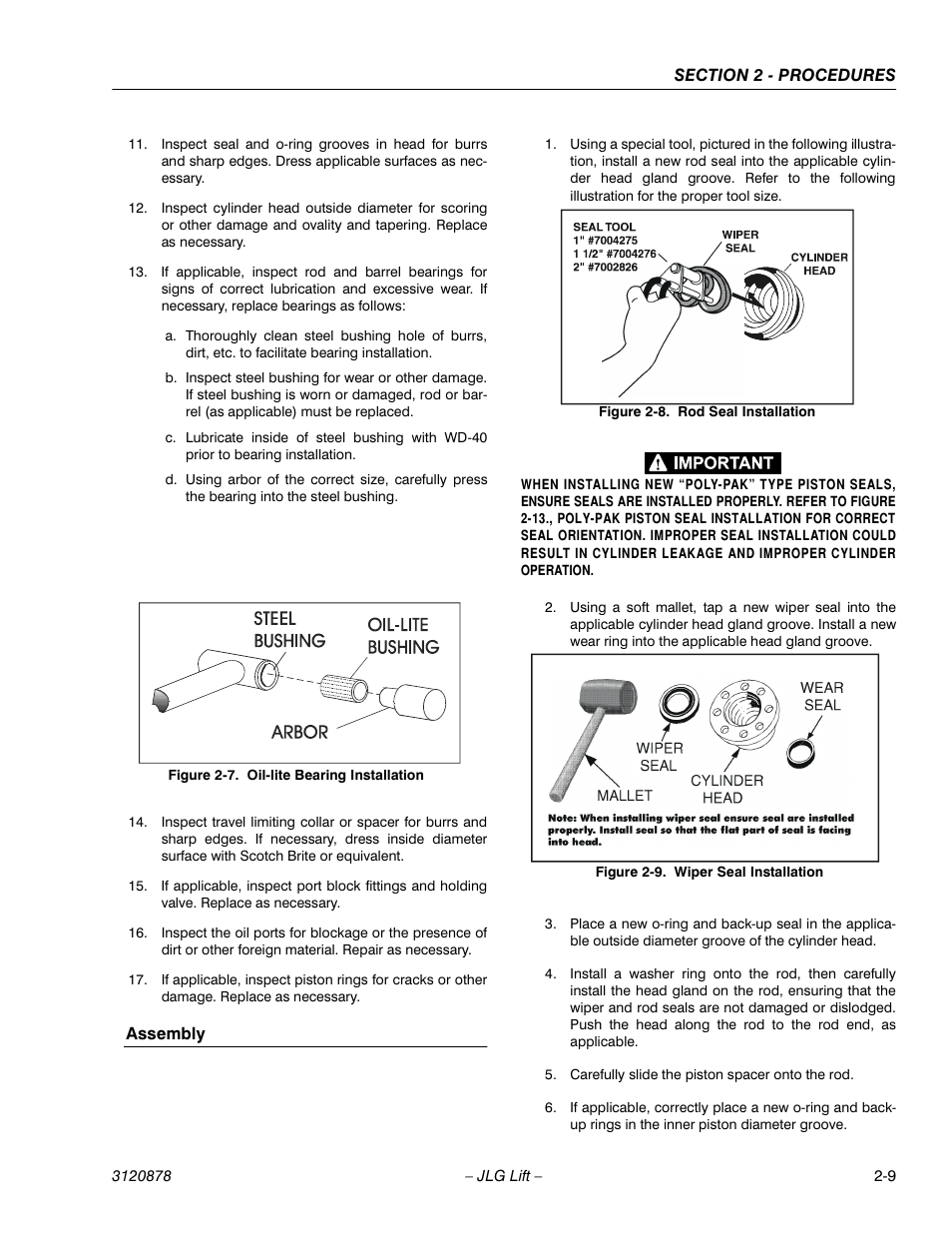 Assembly, Oil-lite bearing installation -9, Rod seal installation -9 | Wiper seal installation -9 | JLG 2658E3 Service Manual User Manual | Page 21 / 62