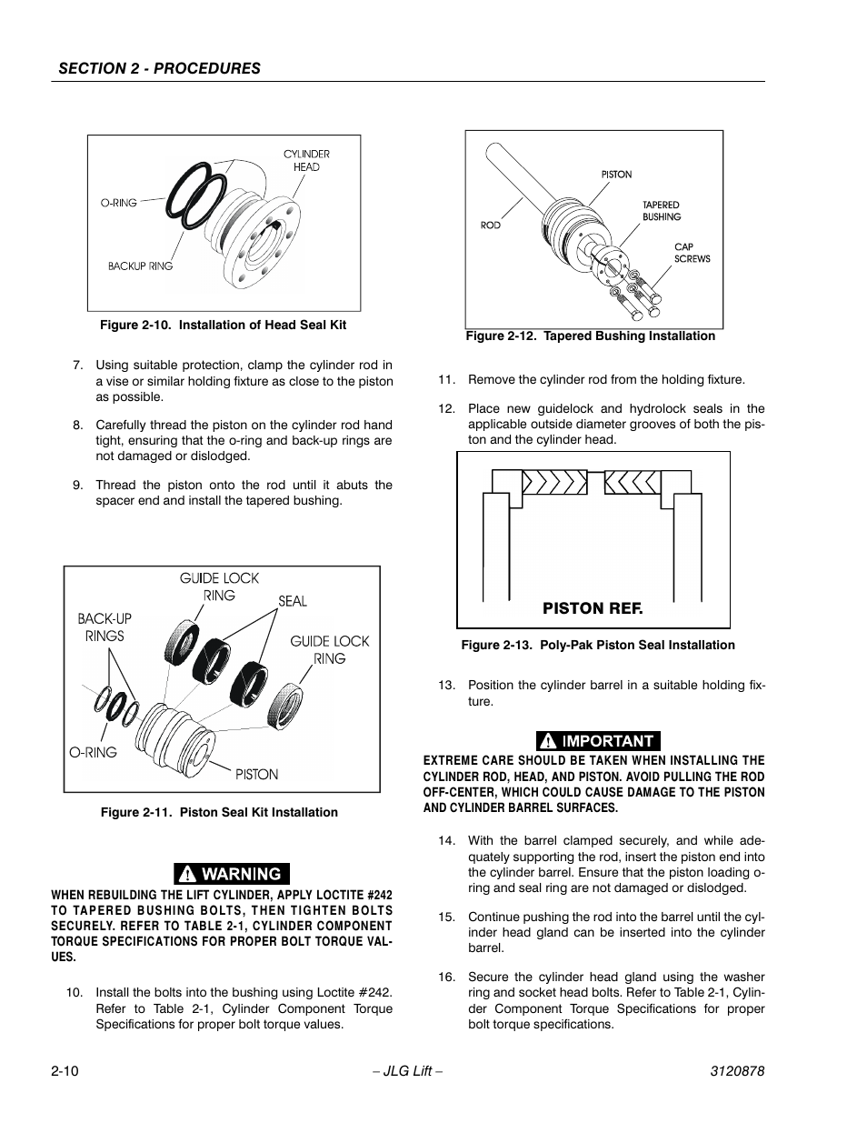 Installation of head seal kit -10, Piston seal kit installation -10, Tapered bushing installation -10 | Poly-pak piston seal installation -10 | JLG 2658E3 Service Manual User Manual | Page 22 / 62