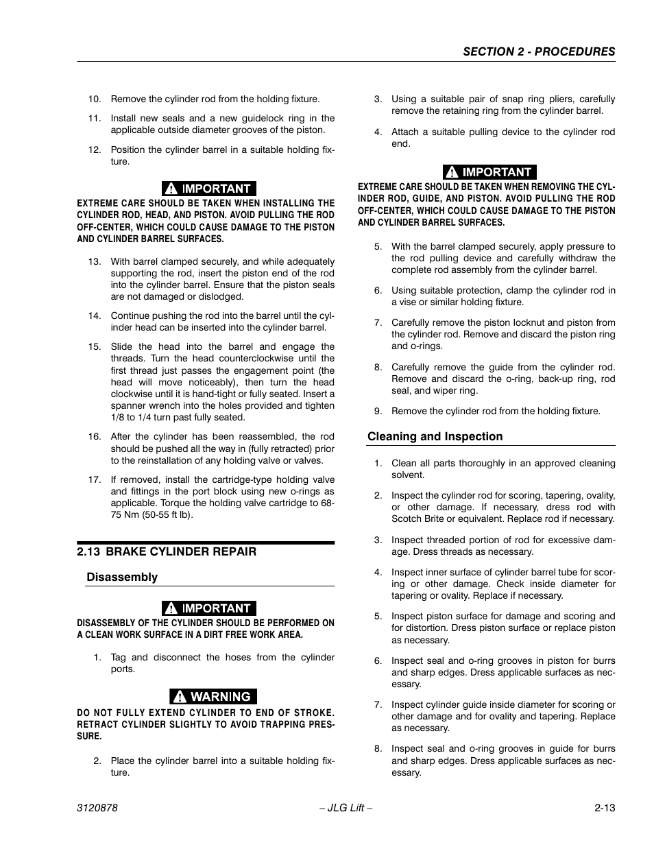 13 brake cylinder repair, Disassembly, Cleaning and inspection | Brake cylinder repair -13 | JLG 2658E3 Service Manual User Manual | Page 25 / 62