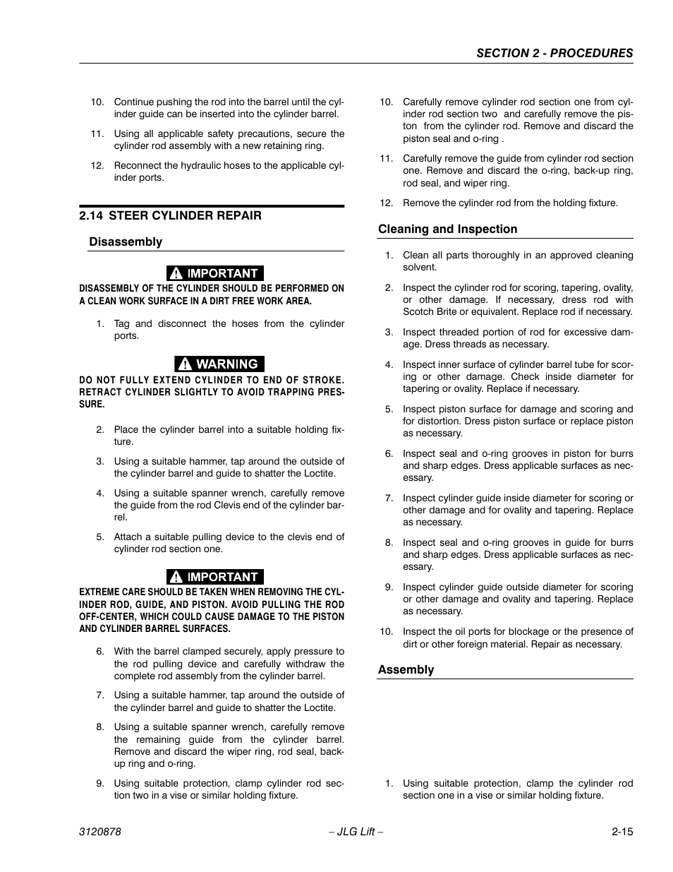 14 steer cylinder repair, Disassembly, Cleaning and inspection | Assembly, Steer cylinder repair -15 | JLG 2658E3 Service Manual User Manual | Page 27 / 62